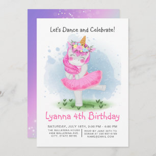 Magical Pink Tutu Dance Unicorn Birthday Invitation