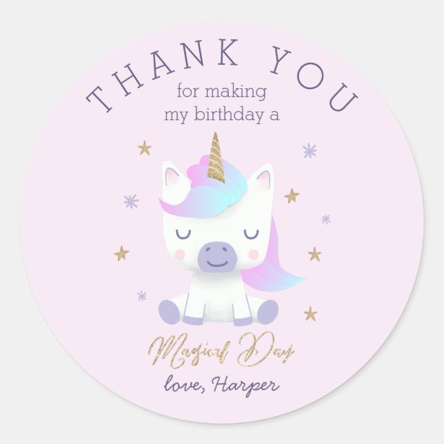 Magical Pink Unicorn Birthday Favor Classic Round Sticker (Front)