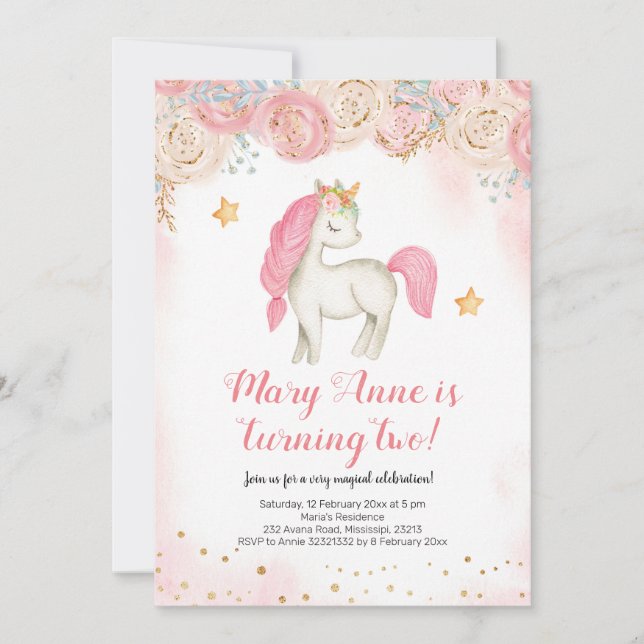 Magical pink unicorn birthday invitation (Front)
