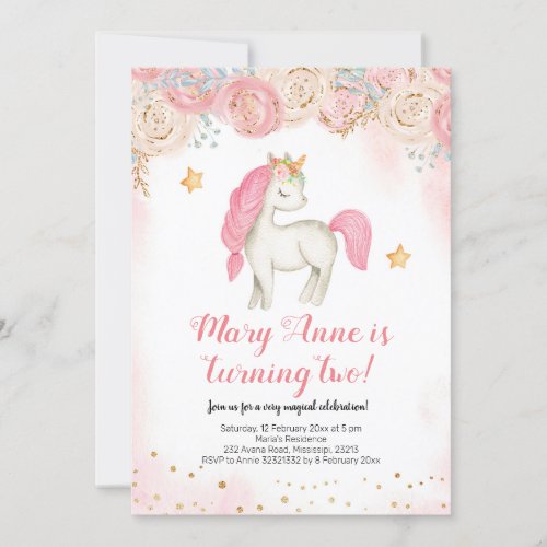 Magical pink unicorn birthday invitation