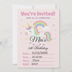 Magical Pink Unicorn Birthday Invitation 5x7" Gi
