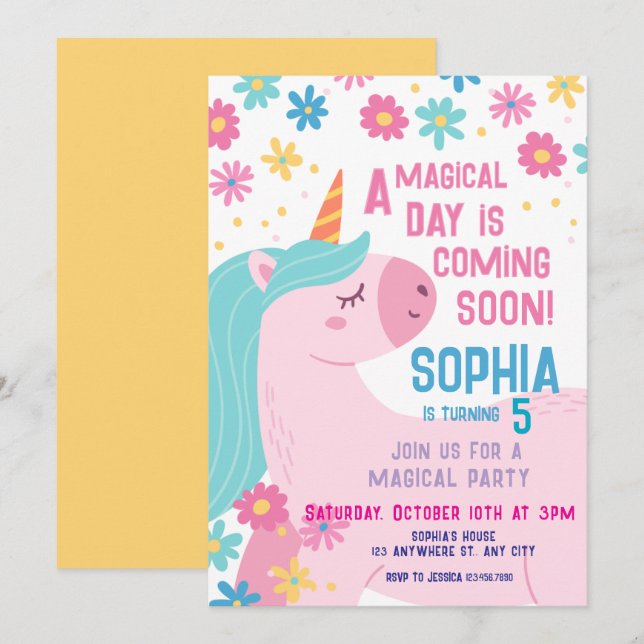 Magical Pink Unicorn Birthday Invitation Rainbow (Front/Back)