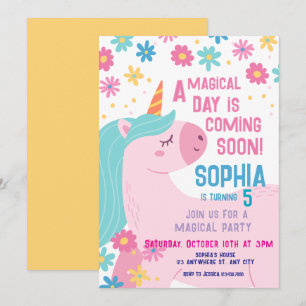 Magical Pink Unicorn Birthday Invitation Rainbow