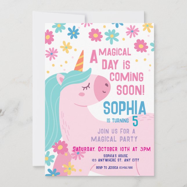 Magical Pink Unicorn Birthday Invitation Rainbow (Front)