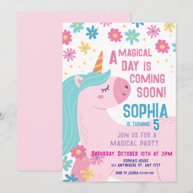 Magical Pink Unicorn Birthday Invitation Rainbow (Front/Back)