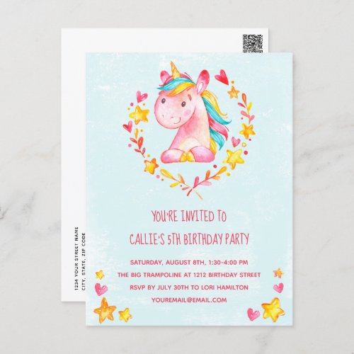 Magical Pink Unicorn Birthday Party Invitation Postcard