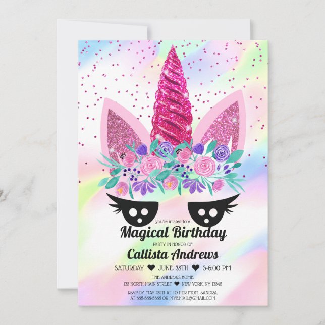 Magical Pink Unicorn Floral Glitter Birthday Invitation (Front)