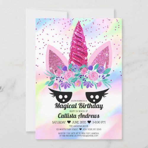 Magical Pink Unicorn Floral Glitter Birthday Invitation