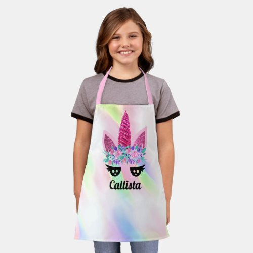 Magical Pink Unicorn Floral Glitter Name Apron