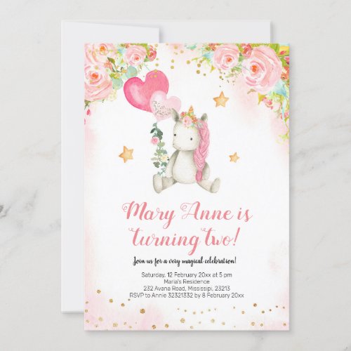 Magical pink unicorn girl second birthday invitation