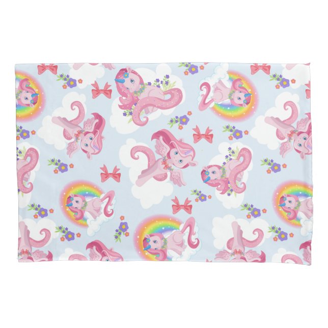 Magical Pink Unicorn Girly Rainbow Flower Pillow Case (Front)