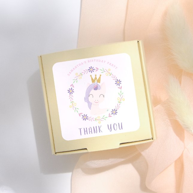 Magical Pink Unicorn Princess | Birthday Thank You Square Sticker (Creator Uploaded)