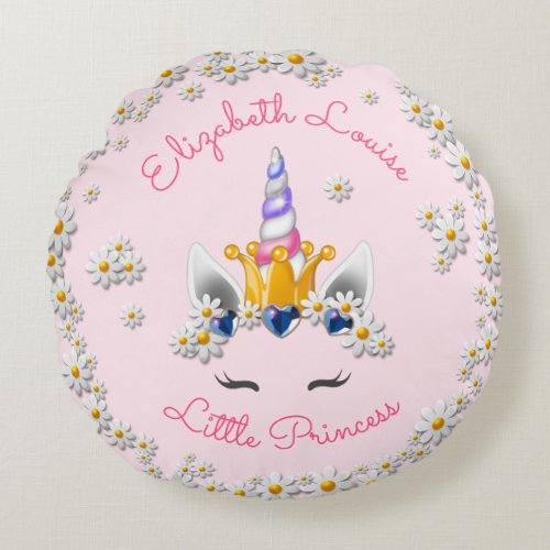 Magical Pink Unicorn Princess Crown Nursery Round Pillow