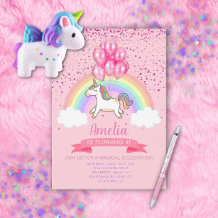 Magical Pink Unicorn Rainbow Birthday Invitation