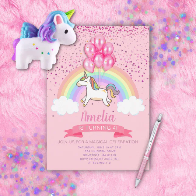 Magical Pink Unicorn Rainbow Birthday Invitation | Zazzle