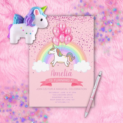 Magical Pink Unicorn Rainbow Birthday Invitation