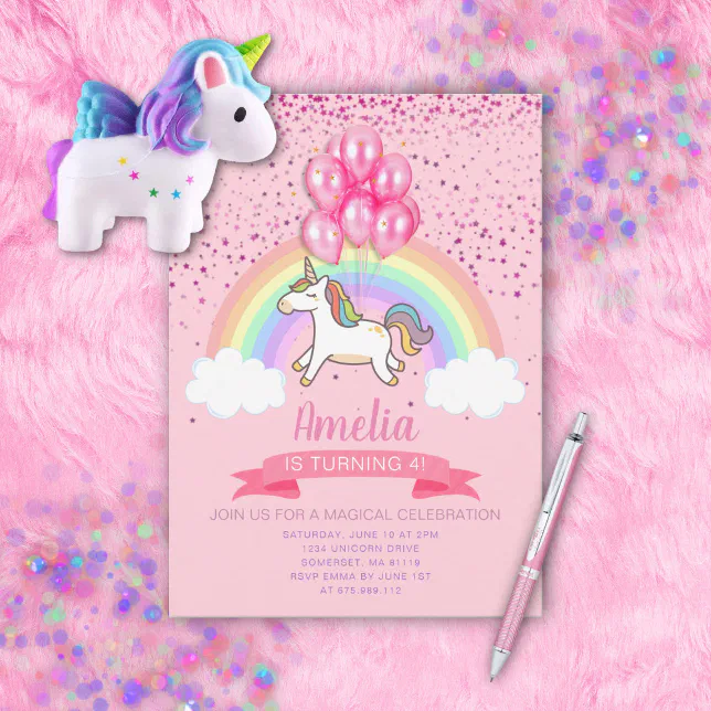 Magical Pink Unicorn Rainbow Birthday Invitation | Zazzle