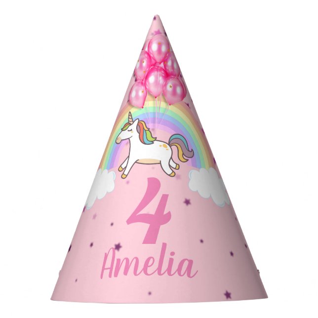 Magical Pink Unicorn Rainbow Birthday Party Hat (Front)