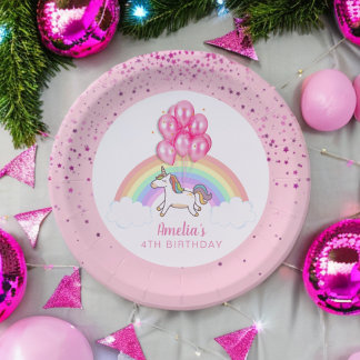 Magical Pink Unicorn Rainbow Birthday Party Paper Plates