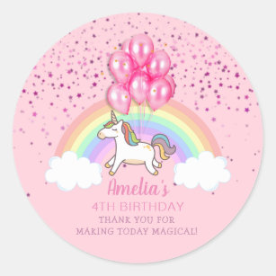 Magical Pink Unicorn Rainbow Birthday Thank You Classic Round Sticker
