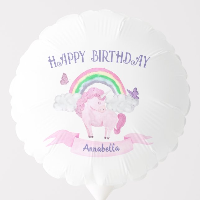 Magical Pink Unicorn Rainbow Butterflies Birthday Balloon (Front)