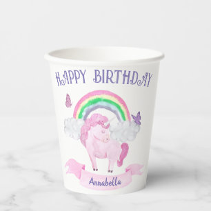 Magical Pink Unicorn Rainbow Butterflies Birthday Paper Cups