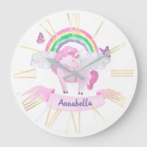 Magical Pink Unicorn Rainbow Butterflies Large Clock