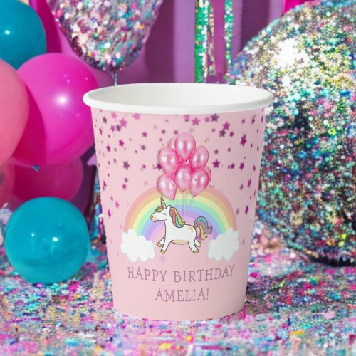 Magical Pink Unicorn Rainbow Kids Birthday Paper Cups