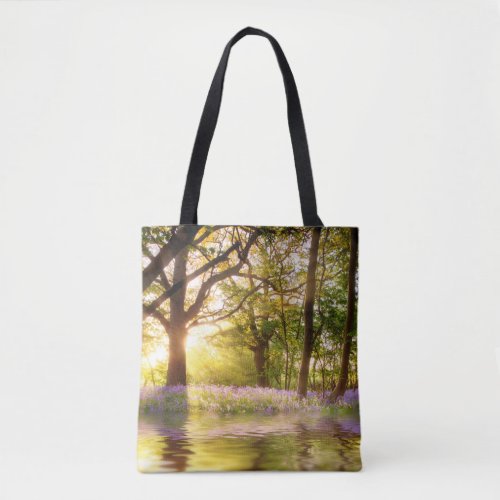 Magical pond in bluebell forest tote bag