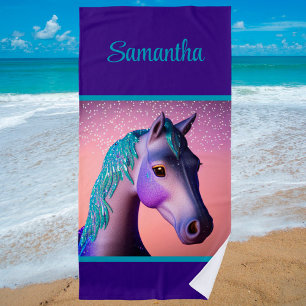Magical Pony in Purple and Teal with Custom Name Beach Towel
