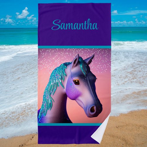 Magical Pony in Purple and Teal with Custom Name   Beach Towel