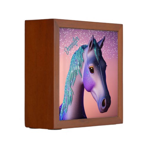 Magical Pony in Purple and Teal with Custom Name   Desk Organizer