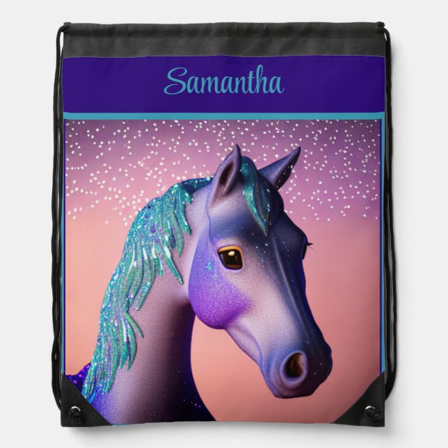 Magical Pony in Purple and Teal with Custom Name   Drawstring Bag (Front)