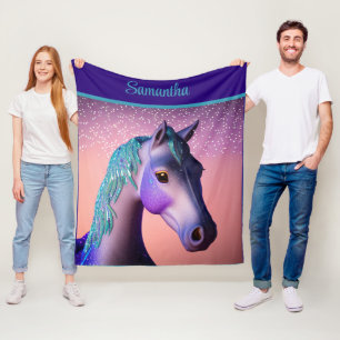 Magical Pony in Purple and Teal with Custom Name Fleece Blanket