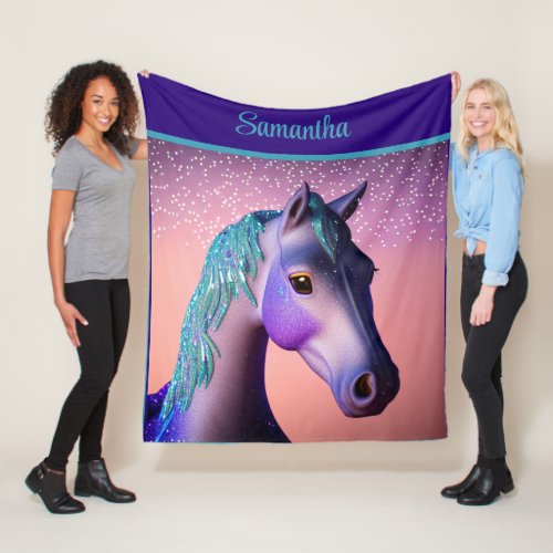 Magical Pony in Purple and Teal with Custom Name   Fleece Blanket