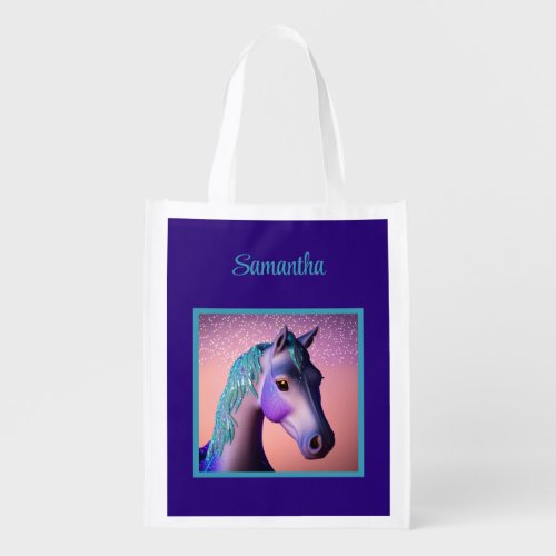 Magical Pony in Purple and Teal with Custom Name   Grocery Bag