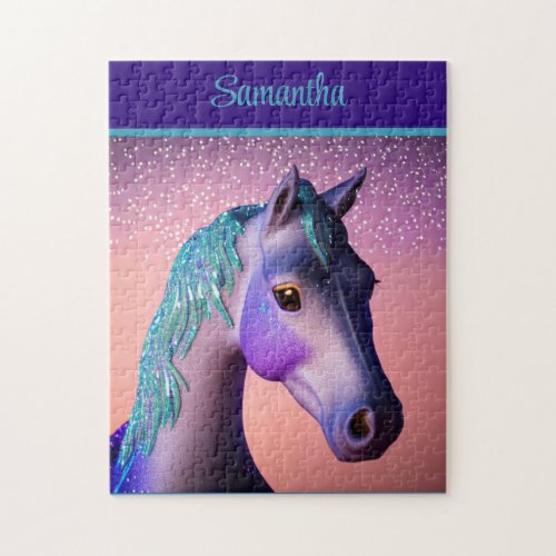 Magical Pony in Purple and Teal with Custom Name   Jigsaw Puzzle