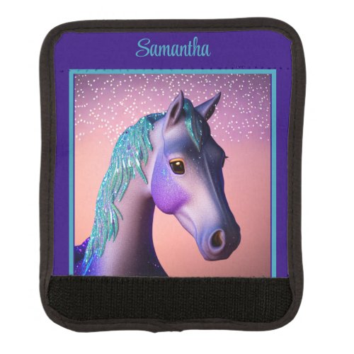 Magical Pony in Purple and Teal with Custom Name   Luggage Handle Wrap