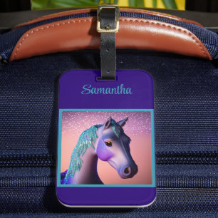 Magical Pony in Purple and Teal with Custom Name Luggage Tag