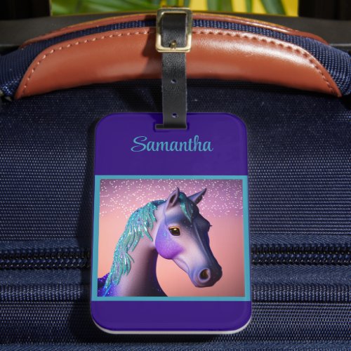 Magical Pony in Purple and Teal with Custom Name   Luggage Tag