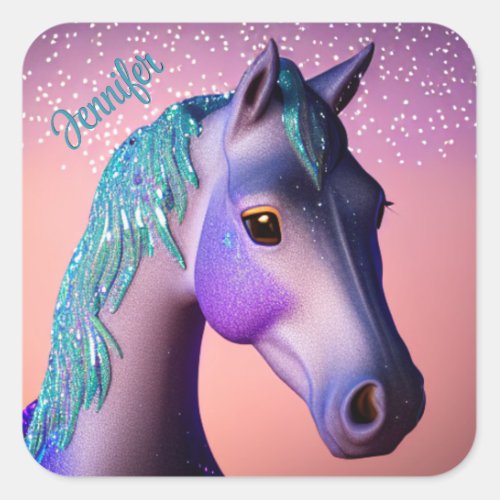 Magical Pony in Purple and Teal with Custom Name  Square Sticker