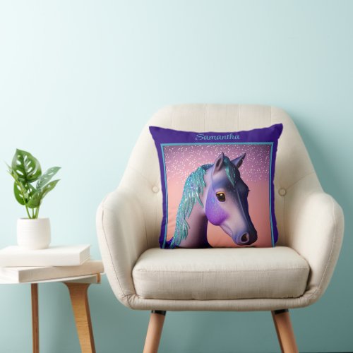 Magical Pony in Purple and Teal with Custom Name   Throw Pillow