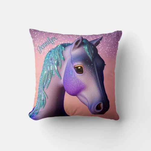 Magical Pony in Purple and Teal with Custom Name   Throw Pillow