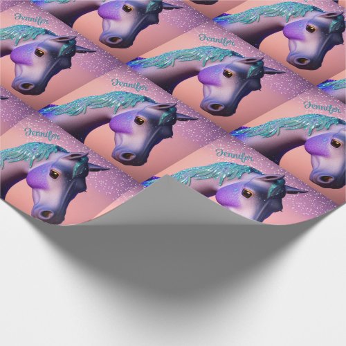 Magical Pony in Purple and Teal with Custom Name   Wrapping Paper