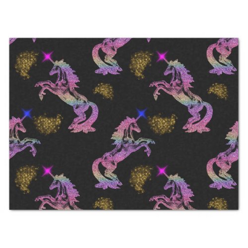 Magical Prancing Rainbow Unicorns on Black Tissue Paper