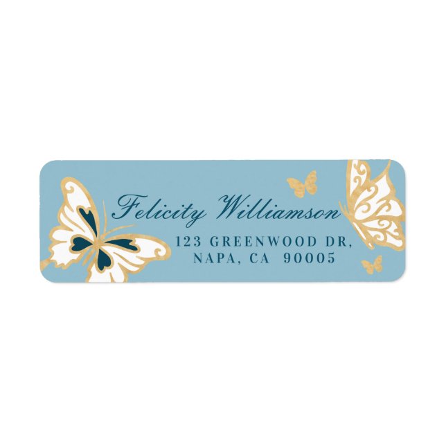 Magical Pretty Cute Gold and Blue Butterflies Label (Front)
