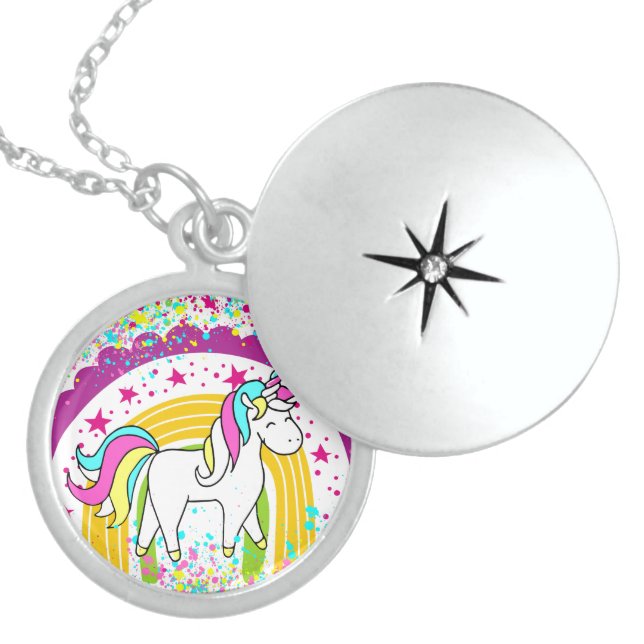 Magical Pretty Pastel Unicorn Rainbow Stars Locket Necklace (Front)