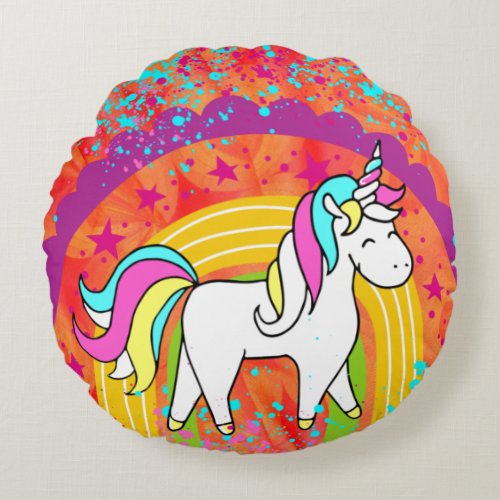Magical Pretty Pastel Unicorn Rainbow Stars Round Pillow
