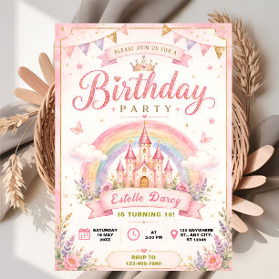 Magical Princess Castle Rainbow Birthday Invitation