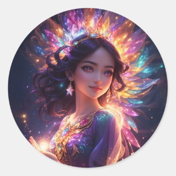 Magical Princess In Tiara Big Eyes Classic Round Sticker by Frasure_Studios at Zazzle